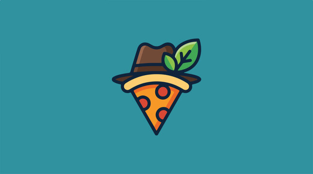 Stylish Pizza Slice with Hat and Leaf Icon.