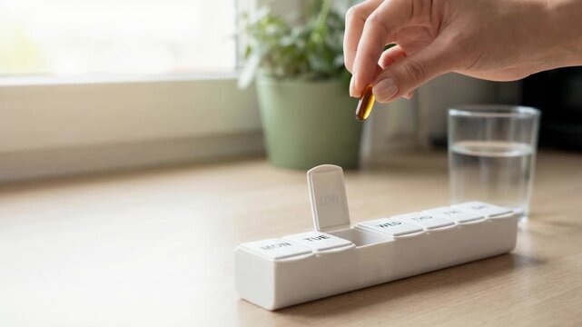 Medicine pill capsule supplement hand organizer health wellness quiet luxury daily routine home, hand placing capsule into weekly pill organizer