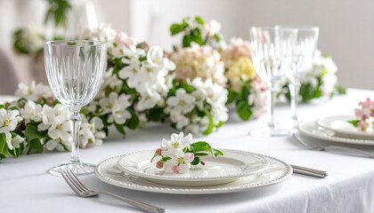Fototapeta premium Beautiful table decor for a wedding dinner with a spring blooming apple tree flowers. Celebration of a special event. Fancy white plates, wineglasses