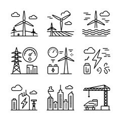 Fototapeta premium Renewable energy line icons set, wind turbine and green power generation symbols, sustainable electricity and eco infrastructure vector illustrations