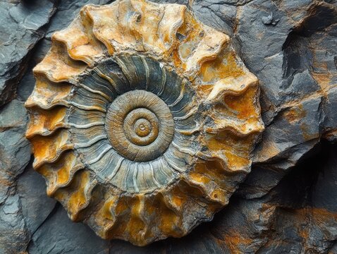 close-up of spiral ammonite fossil with ruffled ribs and orange mineralization embedded in dark slate rock evoking ancient wonder