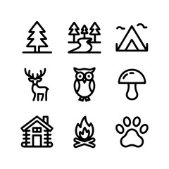 Fototapeta premium Minimalist forest camping icons set, black line outdoor adventure symbols, 9 nature and wildlife vector elements for travel apps and maps