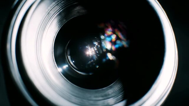 Close-up View of a Camera Lens with Light Reflections