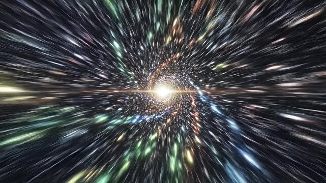 Hyperspace Travel Abstract - An abstract depiction of hyperspace travel is shown with many colored streaks of light radiating from a central bright point.