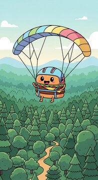 A cartoon burger with a helmet and parachute floats joyfully above a forest, smiling. A winding path leads into the woods