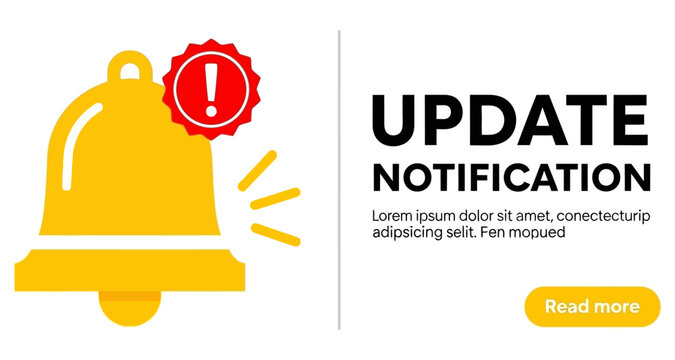 Golden alert bell with notification update message and call to action button