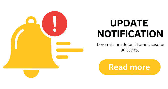 Golden notification bell icon with alert symbol during update announcement on white background
