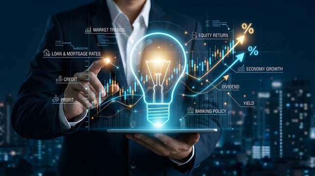 Creative financial concept featuring a glowing light bulb over a candlestick trading chart representing global market trends, investment growth, bank loan interest rates, and economic prosperity.