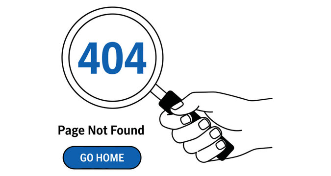 Hand holding magnifying glass over 404 error page with go home button
