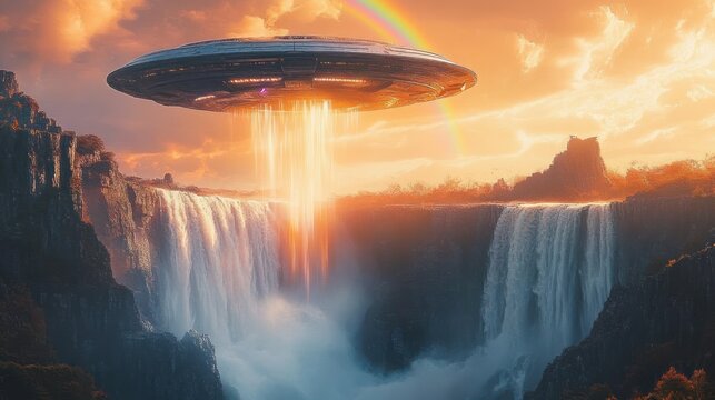 Mysterious hovering craft above roaring twin waterfalls in a golden sunset with rainbow and cascading beams of light, evoking awe and surreal wonder