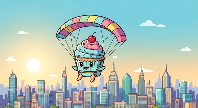 A cartoon cupcake with a parachute descends above a city skyline at sunset