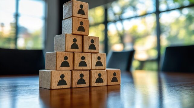 wooden blocks with person icons stacked in a pyramid on a polished table in a sunlit office, conveying teamwork and organizational hierarchy