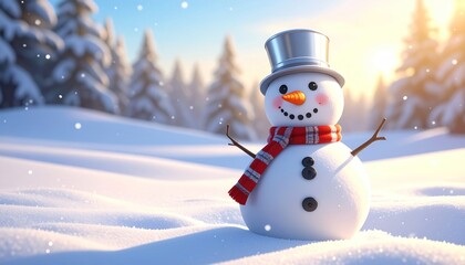 Fototapeta premium Christmas snowman with silver bucket on his head. Snowman in snow with white snowflakes. Realistic 3d cartoon style. Winter Christmas background. Vector illustration