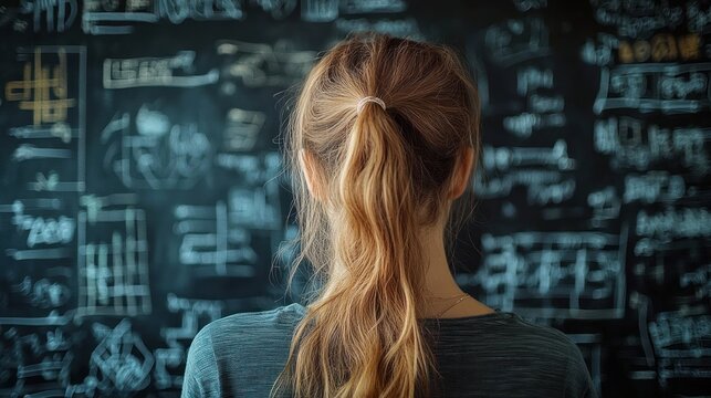 young woman with a ponytail stands before a chalkboard covered in mathematical formulas and diagrams, focused and contemplative