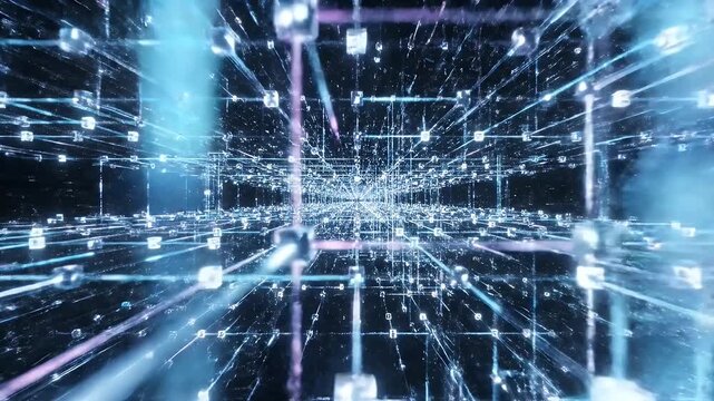 Abstract Glowing Network of Lines and Cubes - This video showcases an abstract visualization of a glowing network, composed of interconnected lines and cubes converging into a central vanishing point.