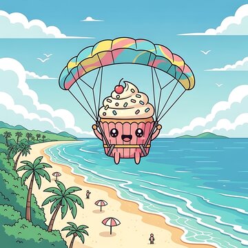 A cartoon cupcake with a parachute flies over a sunny beach. The scene features palm trees, ocean waves, and blue sky
