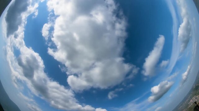 Skyward Gaze: A captivating wide-angle shot unveils the vast expanse of the sky, with fluffy clouds dancing against a brilliant blue canvas. Generative AI.