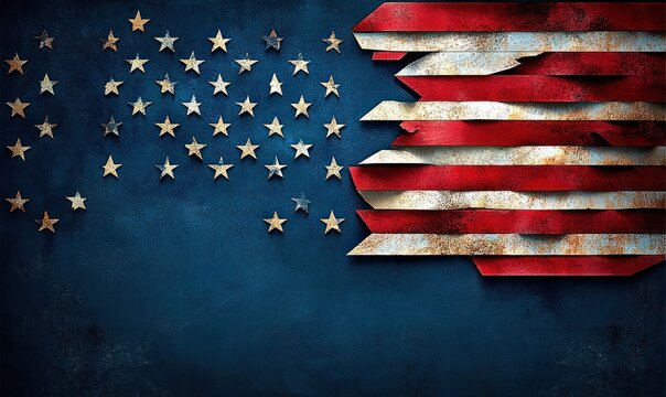 weathered american flag made of rusted metal stripes and scattered stars on textured blue background, evoking resilience and somber patriotism