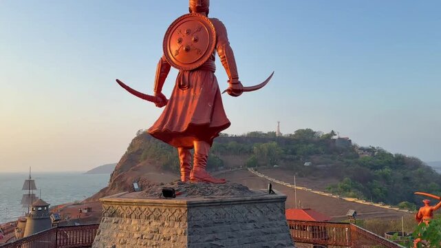 Stunning 4K backside view of Shiv Chhatrapati statue, towering with unmatched pride. Majestic silhouette, wide sky backdrop, and heroic aura create a powerful cinematic masterpiece.