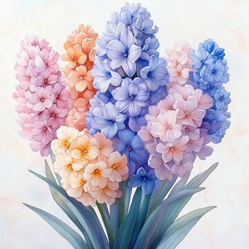 Pastel hyacinth bouquet of clustered blossoms with long green leaves in a soft gentle watercolor, delicate and cheerful spring arrangement