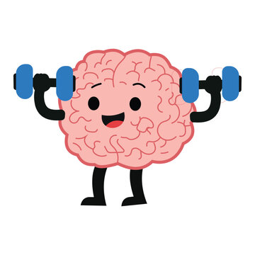 Cute cartoon brain character lifting dumbbells, exercising and working out to stay fit and healthy, vector illustration