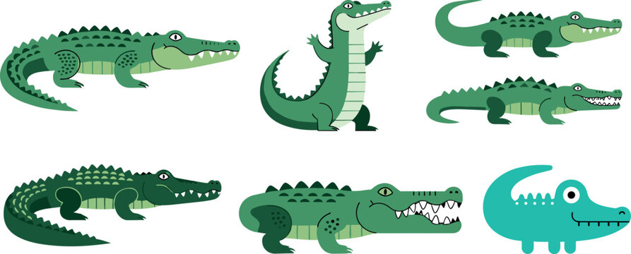 Collection of cartoon crocodile vector illustrations in various poses cute and fierce alligator reptile characters animal set
