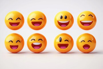 Naklejka premium eight glossy 3d yellow smiley faces in two rows expressing laughter, joy and a wink on a clean white background