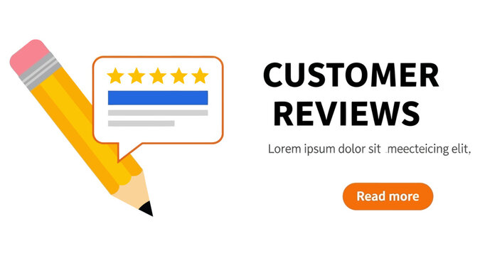 Pencil with star rating in speech bubble and customer reviews text
