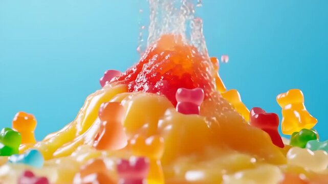 Colorful gummy bears erupting from a vibrant volcano