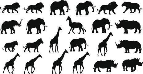 African Wildlife Safari Animal Silhouette Vector Set Including Lion Elephant Giraffe Rhino and Tiger Profiles for Nature Conservation Zoo and Travel Design Projects © MD