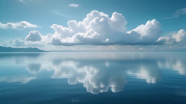 Sky-Mirror Serenity: The tranquil expanse of the sea perfectly mirrors the fluffy clouds above, crafting a scene of ethereal calmness and boundless serenity.  Generative AI.