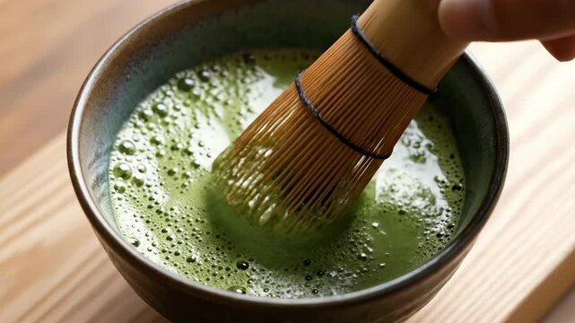 Matcha tea bamboo whisk green tea bowl foam close up quiet luxury daily routine whisking in ceramic bowl on wooden table with soft light