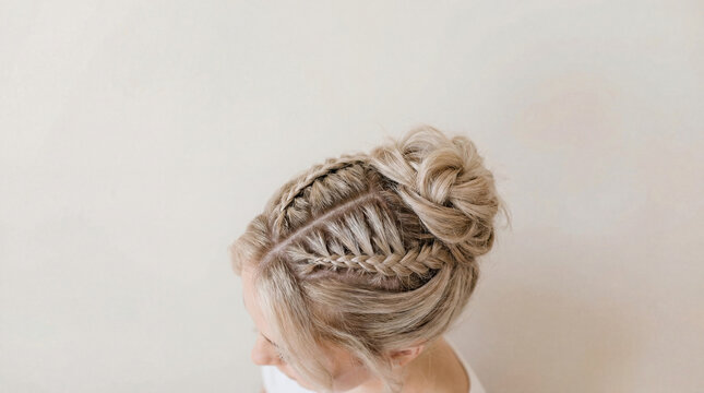 Overhead view blonde hair braided bun hairstyle, intricate plait, elegant updo, light background, feminine, stylish, creative hair design