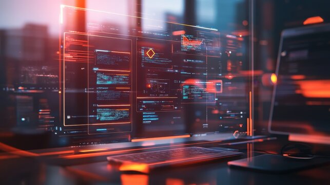 Futuristic ai interface displaying complex data analytics and code on a transparent screen with glowing red and blue highlights symbolizing advanced technology and digital