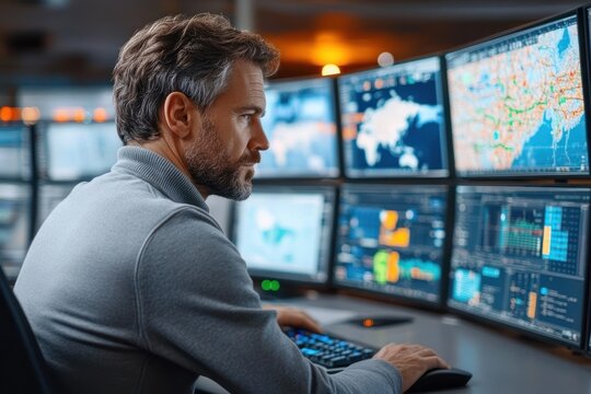 focused operator with blurred face at a multi-monitor workstation analyzing maps, charts and real-time data with keyboard and mouse in a dim office