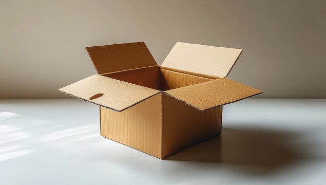 open corrugated cardboard box with folded flaps on a table, soft light and shadow, minimal neutral background, feeling of anticipation and curiosity