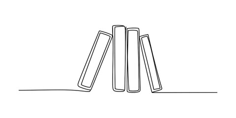 A minimalist and artistic continuous single line drawing of a small stack of four books standing upright together on a flat surface representing the concept of reading study knowledge and literature a © Badhon_Art Gallery