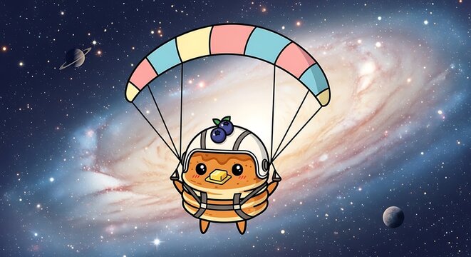A cartoon pancake character wearing a helmet and parachute floats through space against a galaxy backdrop