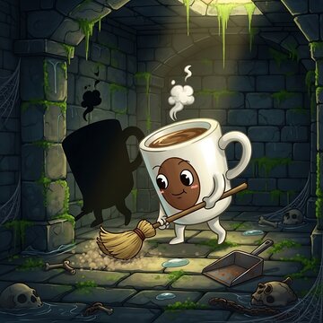 A cartoonish coffee mug character sweeping a dungeon floor, with steam rising and a comical shadow