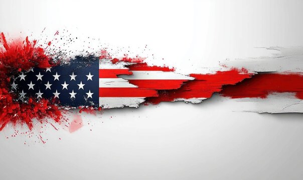 torn american flag with stars and stripes bursting into red paint splatter, distressed textured design conveying tension and resilience