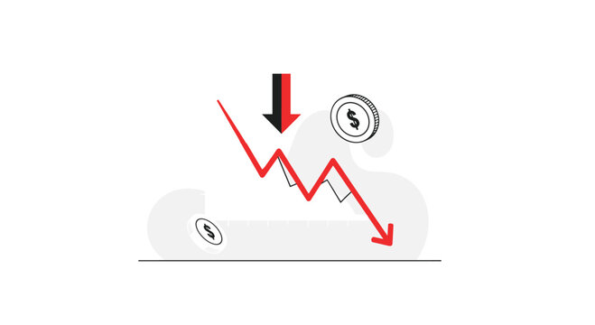 A dramatic red line graph plunges downward across a black grid while a large directional arrow and silver dollar coins emphasize a significant financial market decline.