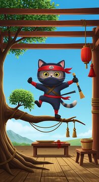 A cartoon cat, dressed as a ninja, balances on a tree branch above a wooden structure. Sunny outdoors