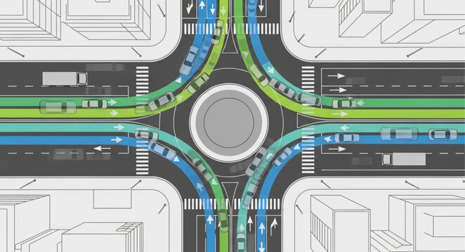 Aerial view of a busy roundabout intersection with traffic flow.