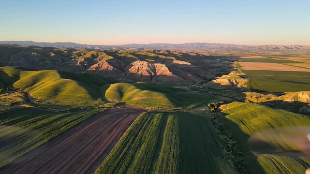 Steptoe Butte State Park Rolling Hills - This aerial video showcases the rolling hills and farmland in Steptoe Butte State Park, Palouse region, Washington State at sunset.