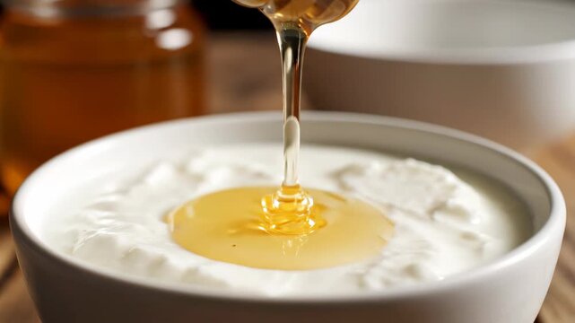 Honey yogurt bowl breakfast creamy food quiet luxury daily routine with spoon as honey drizzles into creamy yogurt ceramic bowl rustic warm table