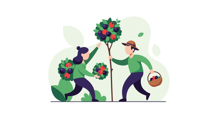 Fototapeta premium Two active gardeners wearing matching green shirts and purple pants joyfully harvest ripe red and purple berries from several stylized round fruit trees.