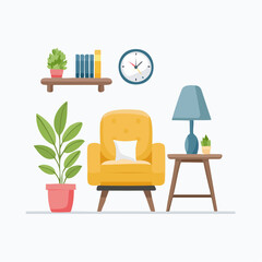 Fototapeta premium Cozy Living Room Scene: Yellow Armchair, Bookshelf, Lamp, Plant, and Clock