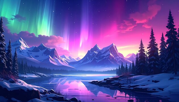 Vibrant aurora borealis over snow-covered mountains and lake