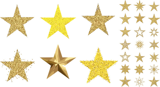 Golden glitter stars collection with different shapes and styles, shiny decorative elements for festive design, vector illustration set