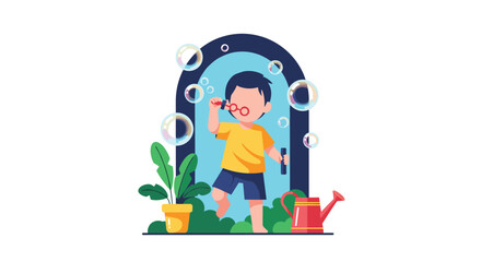 Fototapeta premium A playful young boy wearing a bright yellow shirt stands in a dark arched doorway blowing iridescent soap bubbles near a potted plant and watering can.